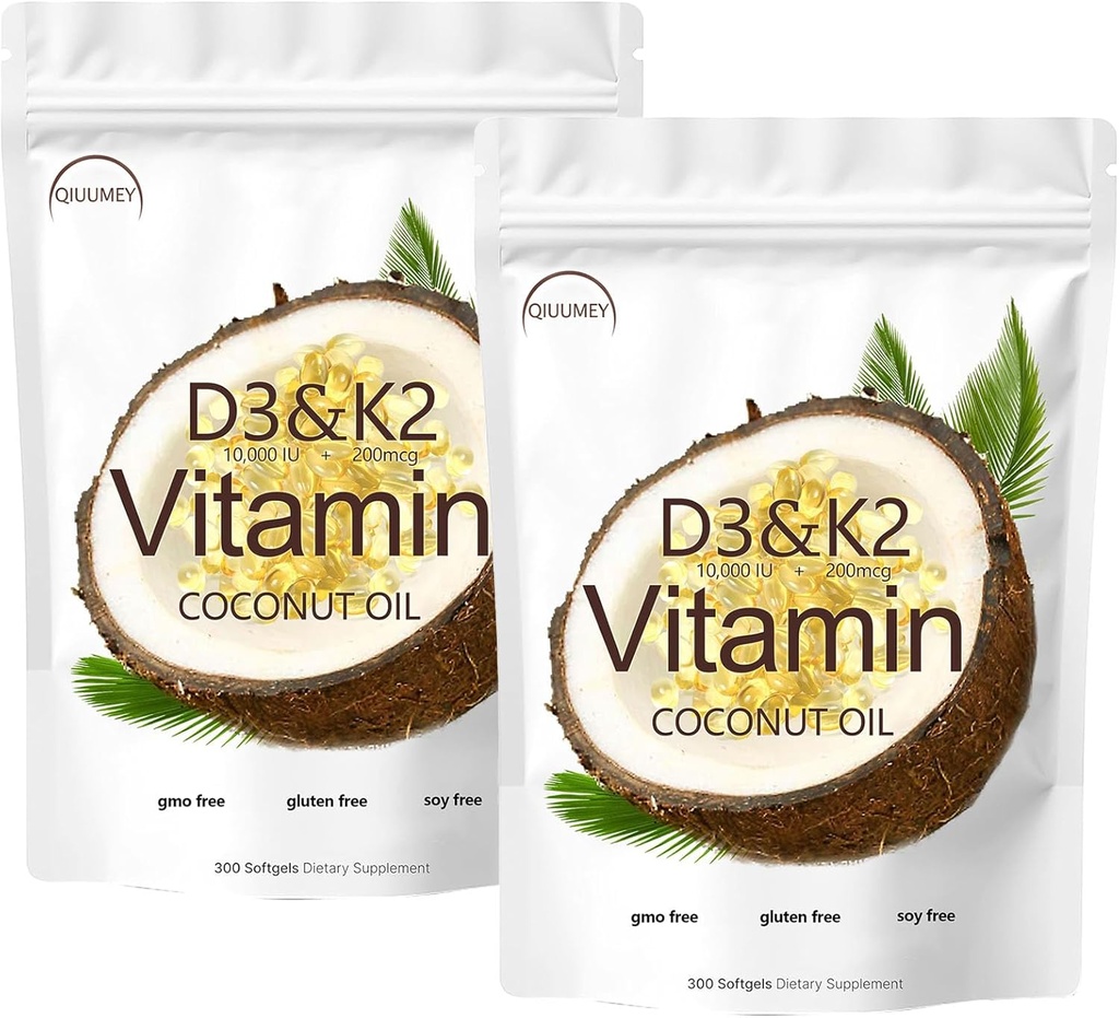 D3 + K2 Huile de noix de coco Gels doux, Vitamine D3 10000 iu Plus K2 (MK-7) 200 mcg, Vitamine D3 K2 Supplément Softgels, Remplir Vitamine D3 K2 Huile de noix de coco Softgels 300 Gels