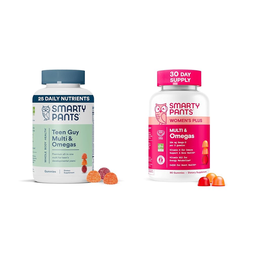 SmartyPants Ensemble de gommes multivitamines pour femmes et ados : Oméga 3 (DHA/EPA), Méthylfolate, CoQ10, Vitamine D3, C, Vitamine B12, B6, Vitamine A, K & Zinc, Sans gluten (30 jours)