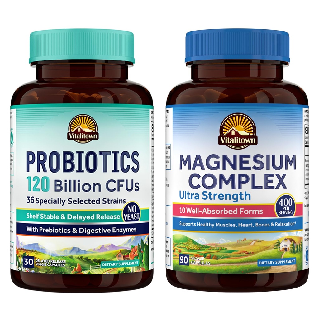 Vitalitown Probiotico + Magnesio Bundle (Pack of 2) | Probiotici 120 miliardi (Item 1) & 6-in-1 Magnesio Complesso (Item 2) | Gut, Bone, Muscolo, Sleep Health | Vegan | 30 capsule & 120 capsule