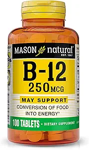 MASON Vitamine naturelle B12 500 mcg avec du calcium, soutient l'énergie et la santé nerveuse, 100 comprimés, boîte de 3