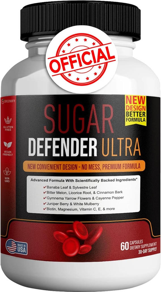Sugar Defender Ultra - Formule avancée avec vitamines, minéraux, feuille de Banaba, et plus - 60 capsules, végétalien, non-OGM, sans gluten (1)