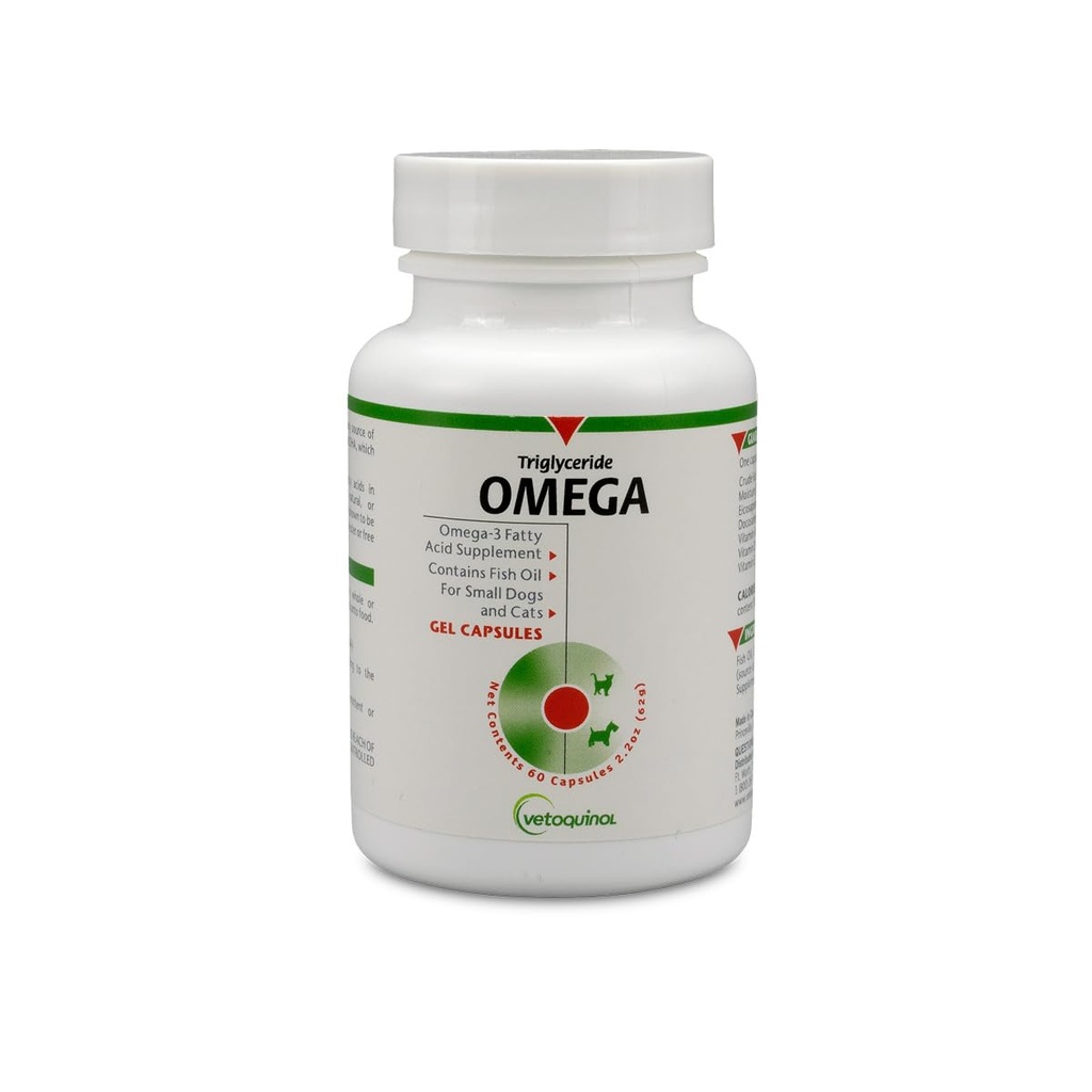Vetoquinol Triglycerid Omega 3 Ergänzung für Hunde und Katzen, Fish Oil Supplement mit EPA und DHA, fördert Haut, Mantel, Gelenk und Immune Gesundheit, Omega 3 Fischöl für Hunde und Katzen bis zu 30lbs, 60ct