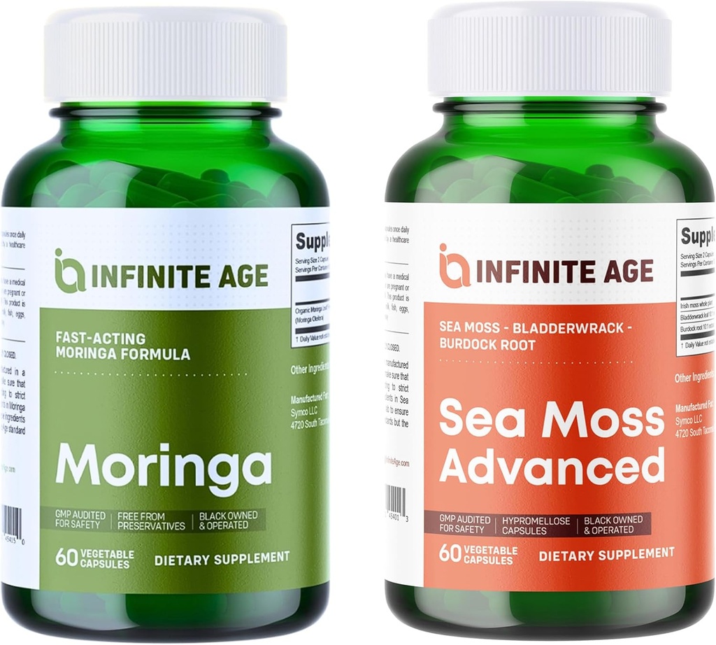 INFINITE AGE Wellness Bundle - Sea Moss Advanced 1250mg, Moringa Powder Organic Supplement 1000mg - Made in USA