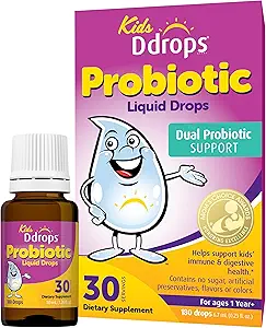 Ddrops bambini probiotici gocce di liquido, doppio supporto probiotico, aiuta a sostenere la salute immunitaria e digestiva dei bambini, 30 Serve