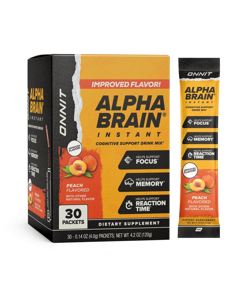 ONNIT Alpha Brain Instant Peach Flavor - Nootropic Brain Booster Memory Supplement - für Fokus, Energie und Klarheit - Alpha GPC Choline, Katzenkralle, L-Theanine, Bacopa - 30ct