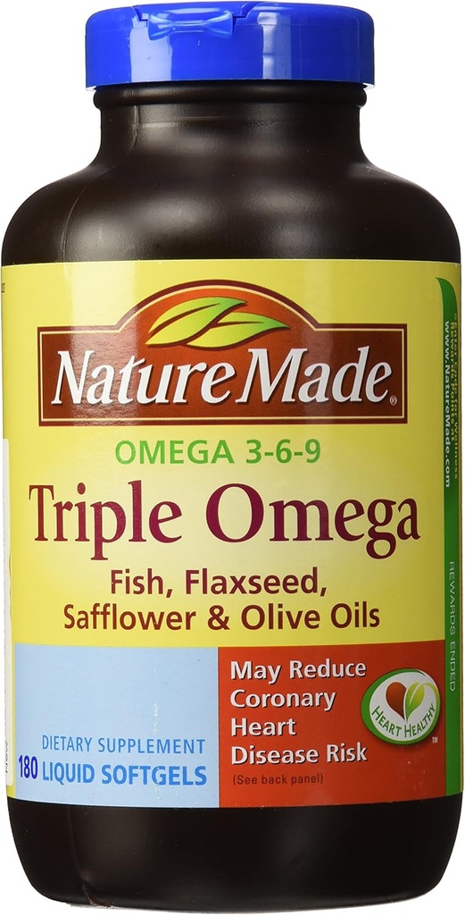 Natura Made Tripla Omega 3 6 9 - Pesce, Fissaggio, Oli Extravergine di Oliva - 180 Softgels