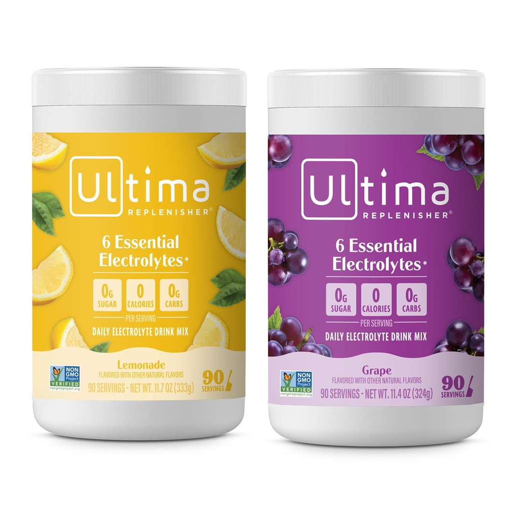 Ultima Replenisher Electrolyte Powder Drink Mix Bundle – Sugar Free – Limonata e Uva, 90 Serve – Polvere di idratazione - 6 elettroliti chiave e minerali Trace – Keto Friendly, Non OGM
