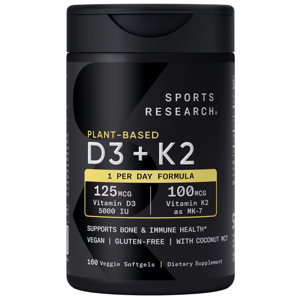 Recherche sportive Vitamine D3 K2 avec 5000iu de D3 et 100mcg de Vitamine K2 comme MK-7, non-OGM certifié et végétalien - 160 softgels liquides