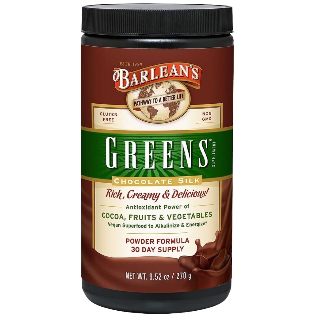 Barlean's Chocolate Greens Powder, Daily Fruit and Vegetable Superfood Supplement, Green Antioxidant Blend and Fiber Smoothie Drink Mix, 9.52 oz