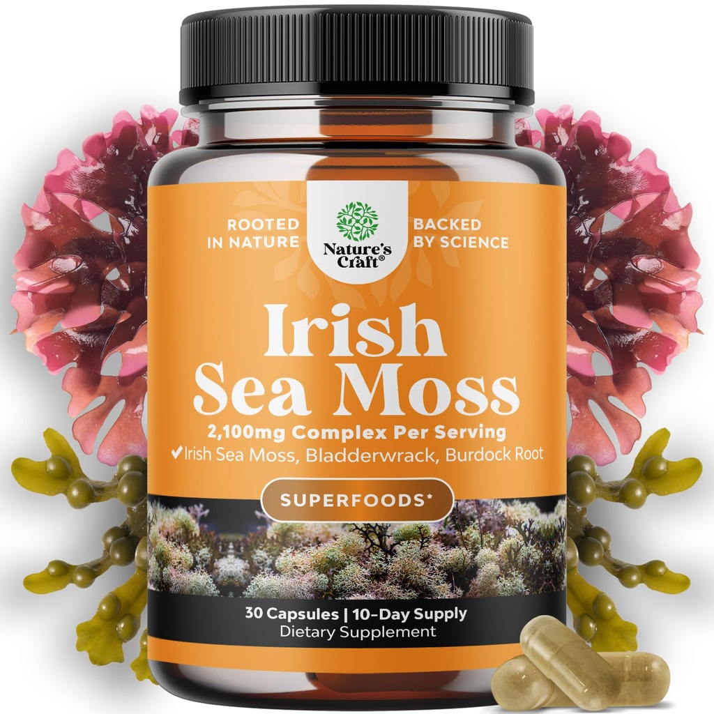 Organic Irish Sea Moss Capsules - Sea Moss und Bladderwrack Capsules mit Burdock Root Superfood Blend für Immununterstützung Heart Health Fertility Joint Health und Schilddrüse Unterstützung für Frauen und Männer