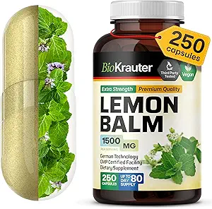 BIO KRAUTER Lemon Baume Capsules 1500 mg - 250 Compte - Vegan Melissa complément à base de plantes - Soutien à la relaxation naturelle - Feuille de baume de citron