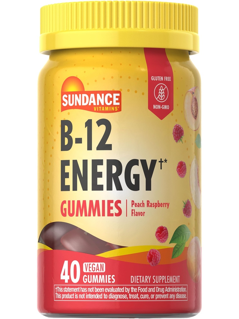 Sundance Vitamina B-12 Energy Gummies | 40 Count | Peach Raspberry Flavor | Vegan, Non OGM e Gluten