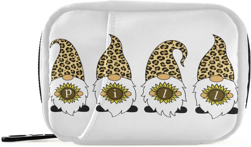 Leopard Gnomes Sunflower Pill Box 7 giorno Pill Case Travel Pill Organizer Bag con Zipper Portable Weekly Case Dimensioni compatte per il supporto supplemento di vitamina