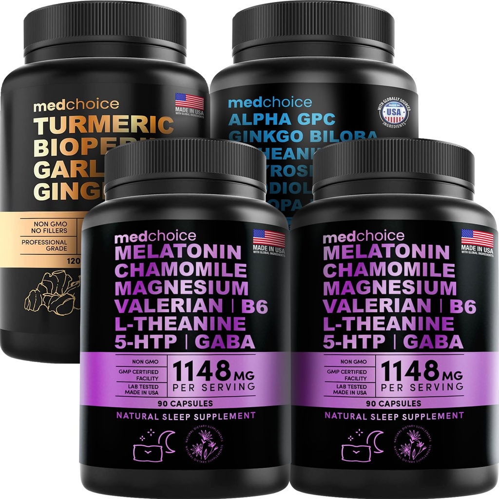 MEDCHOICE Turmeric & Ginger (120ct), Melatonina Dormire (180ct), e Cervello Nootropic (60ct) Supplemento Bundle - Trio Benessere per Cervello, Sonno, & Supporto Immune - Vegan, Non OGM, Senza glutine