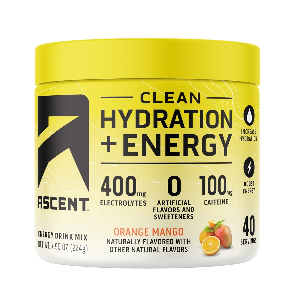 Idratazione pulita dell'ascesa + polvere di elettroliti dell'energia - 100 mg di caffeina, 400 mg di elettroliti, senza ingredienti artificiali, mango arancio 40 Serve