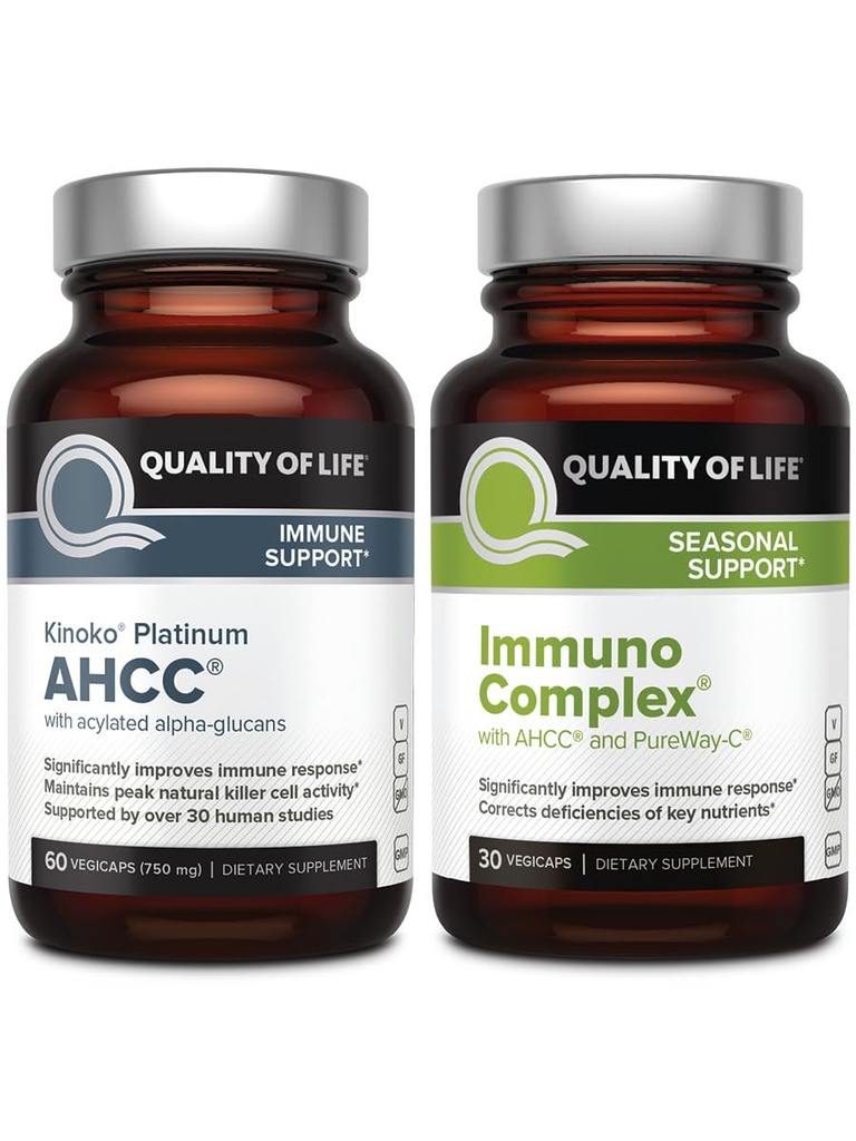 Qualité de vie AHCC Kinoko Platinum Extrait de champignons et Complexe Immuno avec vitamine C - Ultimate Immune Support Bundle