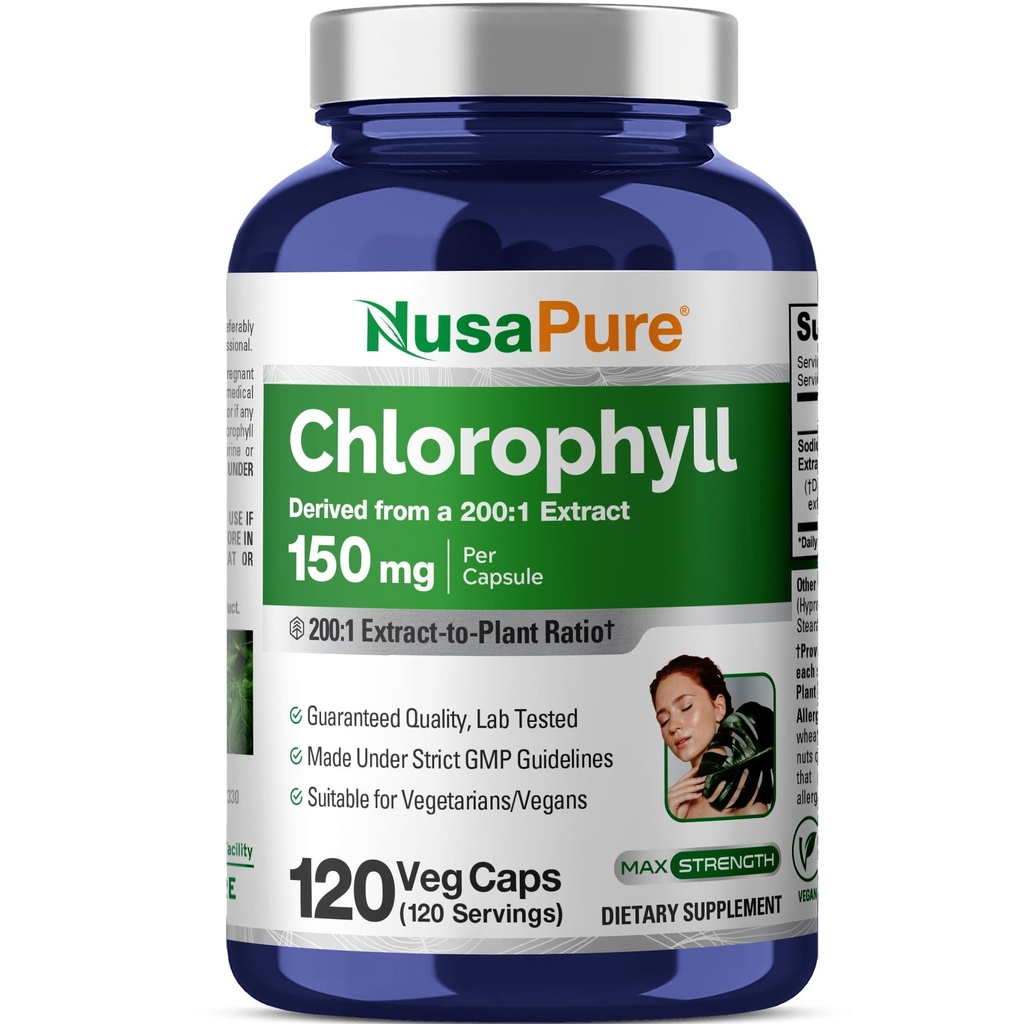 NusaPure Chlorophyll 200:1 Estratto, 150 mg Equivalente a 30.000 mg per capsula 120 Caps vegetariani (non OGM, Vegan)