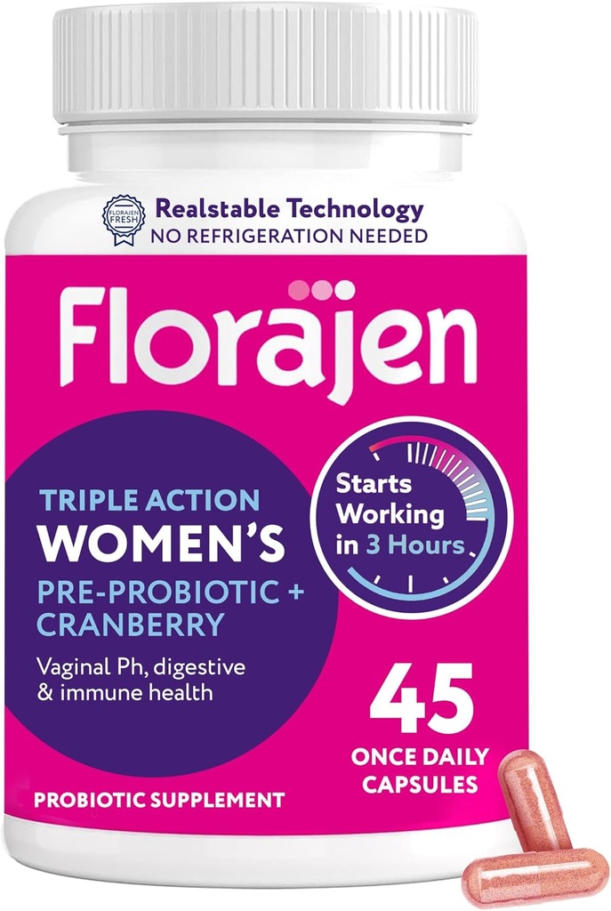Florajen Women's Probiotic, Prebiotic, & Cranberry Supplement for Vaginal Health, Immununterstützung, & Digestive Wellness - 30-Count