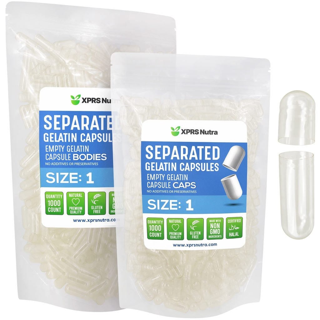 XPRS Nutra Size 1 Gelatin Capsule Separate - 1000 Contare Capsule Pillole Vuote Separate in Borse - Cancella Pillole Vuote per fai da te Do-It-Yourself Supplement Filling