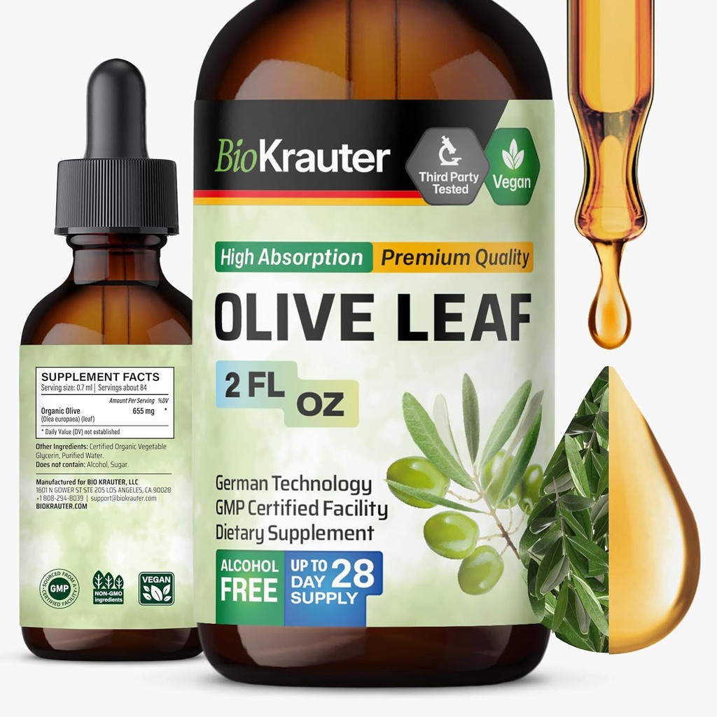 BIO KRAUTER Olivenblatt Extrakt Flüssigkeit - Olivenblatt Tinktur für Immununterstützung - Alkohol und Zuckerfrei - Vegan Tropfen 2 Fl.Oz.
