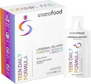 Codici Multivitaminici per adolescenti, Vitamina C liquida per adolescenti, Vitamina A B6 B12 D3 E per bambini, Biotin Zinc Omega-3 Folate, Integratore di Vitamine Liposomiche, Un Sachet Giornaliero, Vegan, Non OGM, 30 Pouches