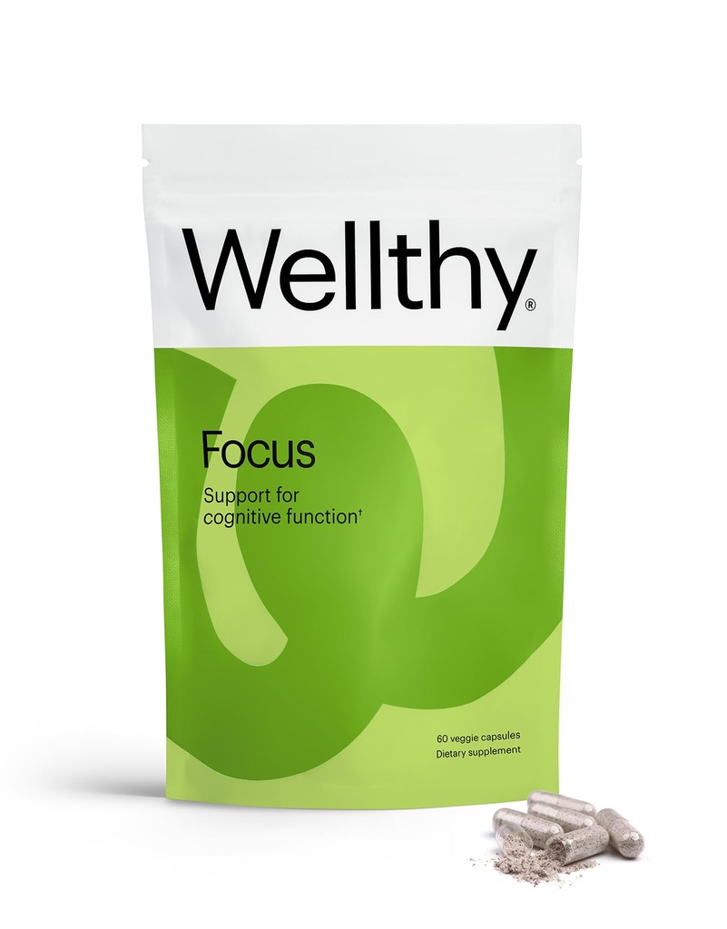 Wellthy Focus funzione cognitiva, messa a fuoco e supplemento di memoria per memoria, creatività e motivazione (30 giorni)