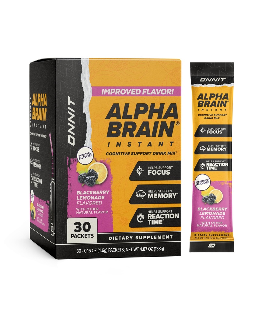 ONNIT Alpha Brain Instant Cognitive Support Drink Mix, BlackBerry Lemonade Flavor, Nootropic Supplement für Fokus, Gedächtnis und Klarheit, 0,13 oz Pakete, 30 Count