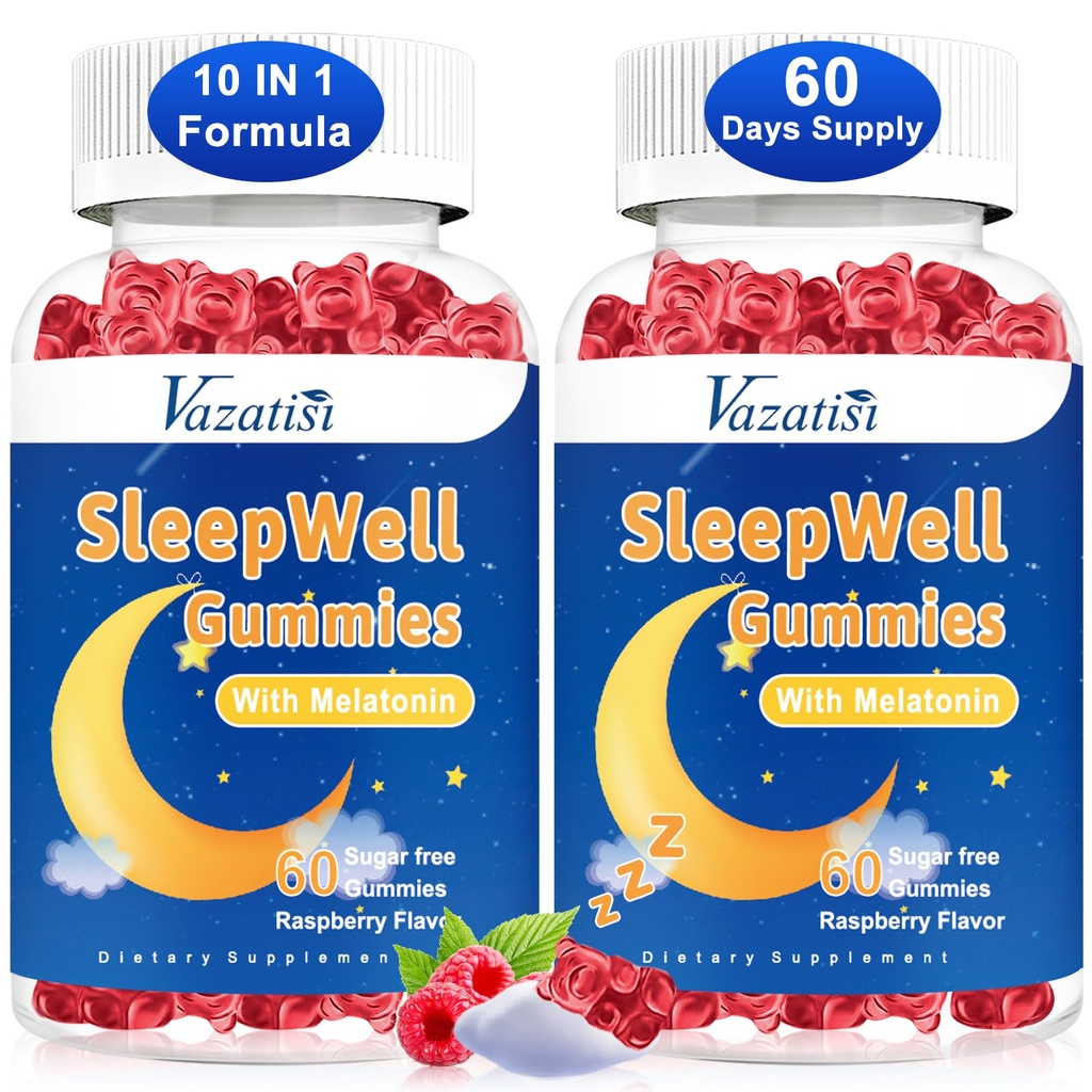 Schlafgummis für Erwachsene und Kinder - Sugar Free Melatonin Gummis mit Magnesium, L-Theanin, Vitamin B12, Vegan - Raspberry Flavored, 120 Cts