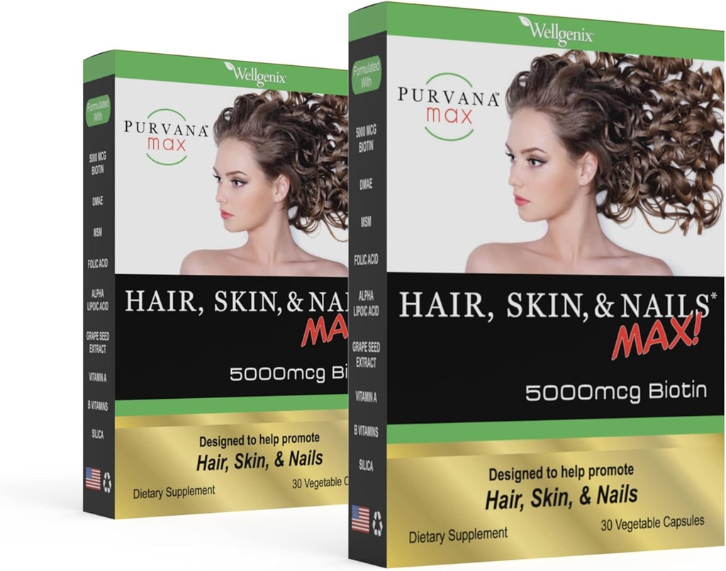 Purvana Max Hair, Skin und Nails Vitamin - 5000mcg Biotin, Folsäure, DMAE, Grape Seed Extract - One a Day Vegan Hair, Haut, Nails Support - Fördert Collagen Production - 30 Caps (Pack von 2)
