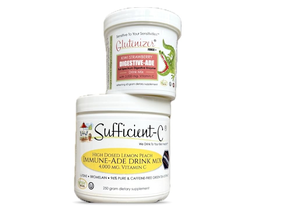 Sufficient-C 250 Gramm Zitronen Peach Immun-ade Getränke Mix & Glutenizer Force Plus Kiwi Strawberry Digestive-ade Getränke Mix - Bundle Einsparungen