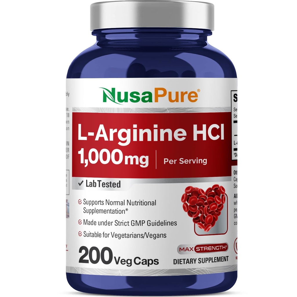 NusaPure L-Arginin 1000 mg 200 Veggie Kapseln (Non-GMO, Vegetarisch, Vegan)