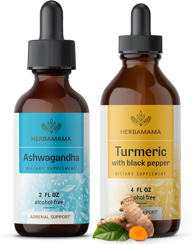 HERBAMAMAMA Kit di gocce liquide a base di erbe - Bundle di Ashwagandha Root Extract & Turmeric con Black Pepper Tincture 2 fl oz - Vegan, Non OGM, Sugar & Alcohol-Free - 2 Pack