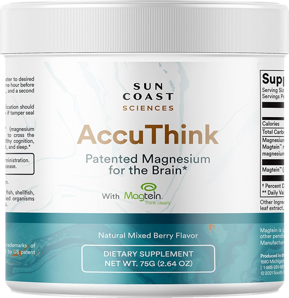 Scienza della Sun Coast Scienze della Sun Coast AccuThink - Cervello di Magnesio brevettato - 2.64oz Integratore di memoria Salute del cervello, Sonno, Boost del mood - Integratore di supporto cognitivo