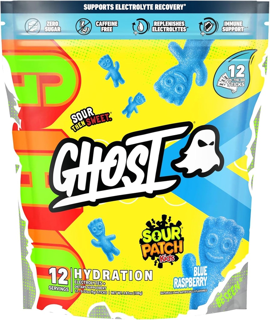 GHOST Hydration Packets, Sour Patch Kids Blue Raspberry, 12 Sticks, Elektrolyt-Pulver - Getränke Mix Supplement mit Magnesium, Kalium, Calcium, Vitamin C - Vegan, frei von Soja, Zucker & Gluten