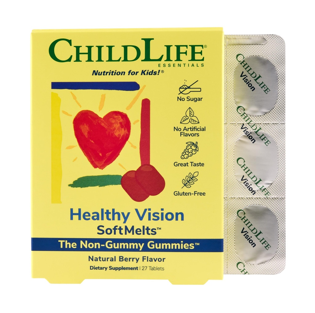 CHILDLIFE ESSENTIALS Visione sana SoftMelts - Vitamine per occhi per bambini, Lutein Gummies, Lutein e Zeaxanthin Supplementi, Gummie per la salute degli occhi, Lutein bambini, Grande Gusto - Berry naturale, 27 compresse