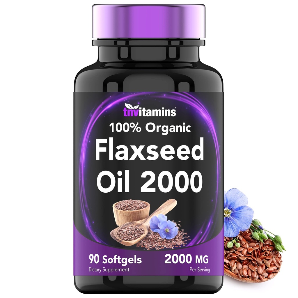 tnvitamines Organic Flaxseed Oil Softgels: 2000 mg - 90 Softgels | High in Omega-3 Fettsäuren | Flaxseed Oil Supplement für Damen und Herren | Non-GMO