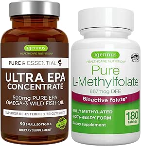 Ultra Pure EPA + Pure Folate 400mcg Bundle, 500 mg Omega-3 EPA Wild Fish Oil + L-metilfolato ottimizzato, da Igennus