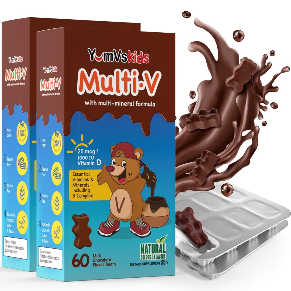 YUM-V'S - Kinder Multivitamin Chewable Chocolate Bears - Multivitamin für Kinder Beilage - 16 Vitamine & Mineralstoffe - Vitamine einschließlich D, Zink, C, B Complex & More, 60 Count (Pack von 2)