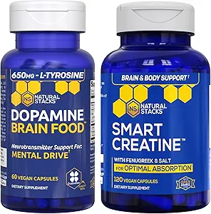STACKS NATURELS Dopamine Brain Food + Creatine Monohydrate Bundle - Soutient Mentral Drive & Brain Health* - Formule d'absorption avancée - 180 Capsules