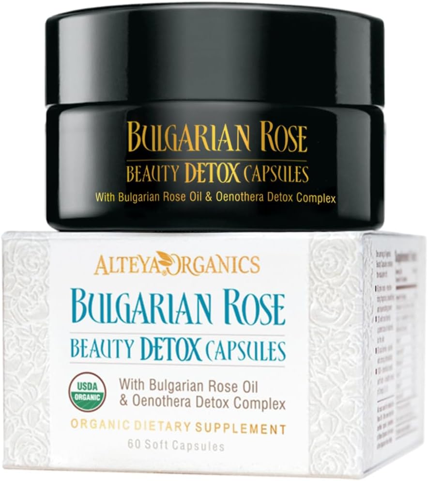 Alteya Organics Rose Beauty Détox Capsules - USDA certifié biologique avec huile de rose bulgare et complexe de désintoxication Oenothera - 30 portions