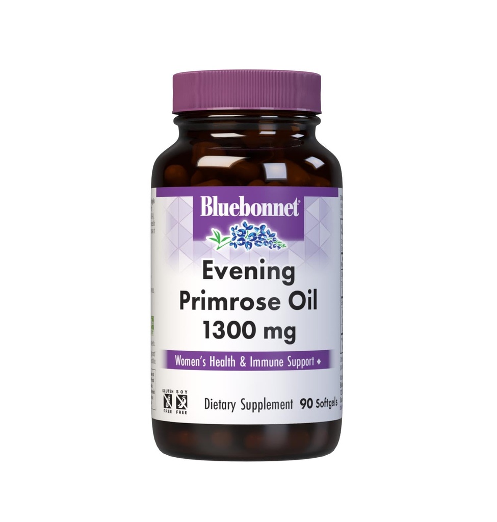 BlueBonnet Huile de Primrose pour les femmes 1300mg Softgels - pressés à froid - Supplément santé pour les femmes - Gamma-Linolenic Acid (GLA) - Non-OGM, sans gluten, sans soja, sans lait - 90 Softgels