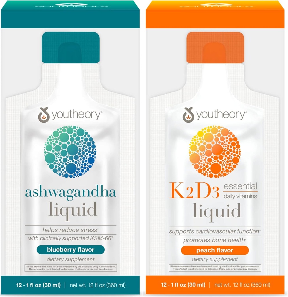 Youtheory Ashwagandha Liquid Blueberry, 12 singoli pacchetti di servizio, K2 e D3 giornaliero di vitamina di pesca liquida, 12 pacchetti di servizio singolo