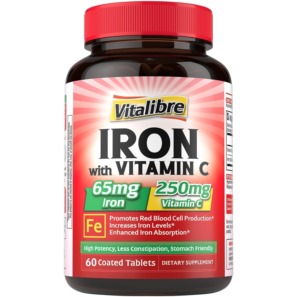 Ferro da stiro, 65 mg di ferro di carbonio con 250 mg di vitamina C, Pillole di ferro amichevoli per la costruzione del sangue donne & uomini, ad alto assorbimento, senza nausea, senza costipazione, non OGM, senza glutine, 60 schede vegane