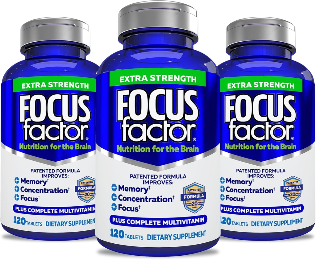 Facteur de concentration Adultes extra-force, 120 Compte- Supplément Cerveau pour la mémoire, Concentration, Focus- DMAE, Vitamine D, DHA- Supplément Santé du cerveau – Formule fiable- Vitamines cérébrales, Pilules de concentration (3 Pack)