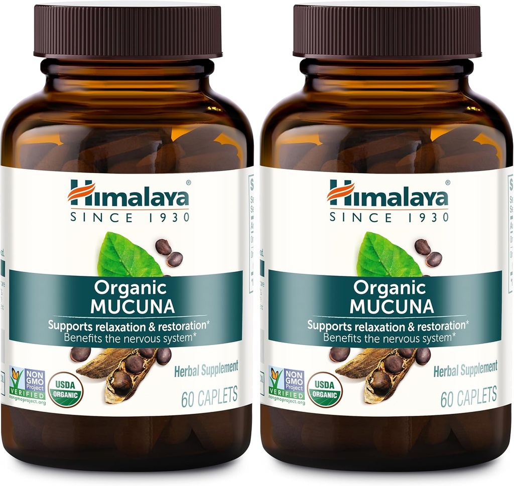 Himalaya Organic Mucuna Herbal Supplement, Supporta Rilassamento, Rilievo di tensione, Funzione cerebrale, Non-GMO, USDA Organic, Vegan, Gluten Free, 600 mg, 60 Plant-Caplets, 2 Pack, 120 giorni di alimentazione