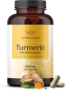 HERBAMAMA Curcumin capsule erboriche - 1500mg Curcuma Longa e Estratto di pepe nero per acido urico e supporto digestivo - Vegan, supplemento antiossidante curcuma non OGM, 250 caps