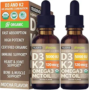 (2 Pack) Bio Vitamin D3 K2 Tropfen mit MCT Öl Omega 3, 5000 IU, maximale Stärke Vitamin D Flüssigkeit, keine Füllstoffe, Non-GMO Flüssigkeit D3 für schnellere Absorption und Immununterstützung (Mocha, 2 Fl Oz)