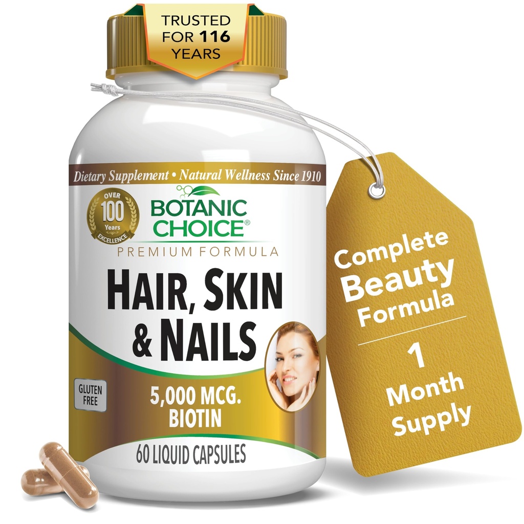 Vitamines de peau et d'ongles Botanique Choice - Supplément Biotine avec Collagène, Vitamine C et Fer - Super mélange antioxydant avec huile d'argan et acide hyaluronique - 60 capsules liquides