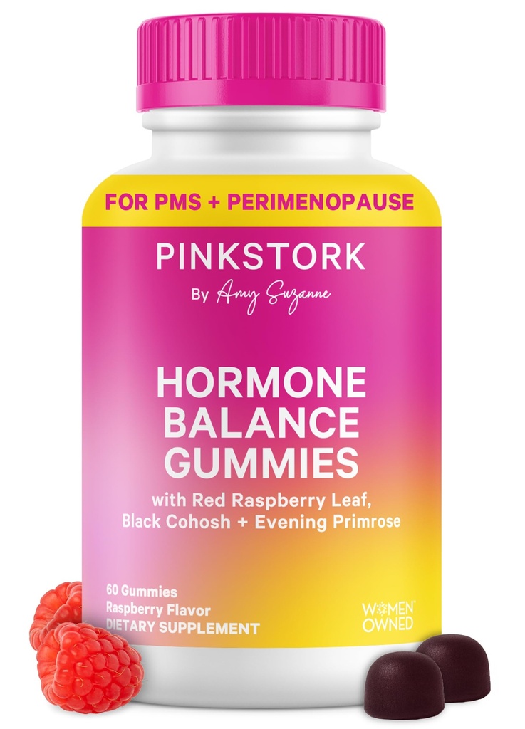 Pink Stork Hormone Balance Gummis für Frauen – PMS, Menopause & Estrogen Support – Stimmung, Bloating, Hot Flashes & Energy – Red Raspberry Leaf, Black Cohosh, Primrose – 60 Vegan Gummis