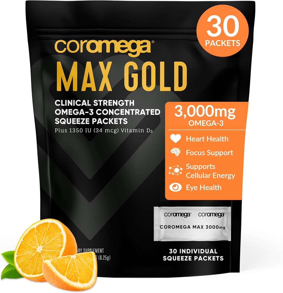 Coromega MAX Oro 3000mg Omega-3 Fish Oil + Vitamina D Squeeze Packets, Wild-Caught, No Fishy Taste - 3X Migliore assorbimento di Softgels, Supporta la salute del cervello e del cuore (30 Serve, Aroma arancione)